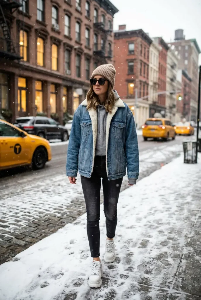 Shearling denim winter outfit