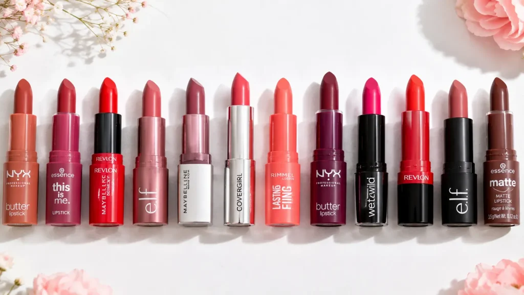 lipstick ingredients castor oil jojoba vitamin E wax flatlay
